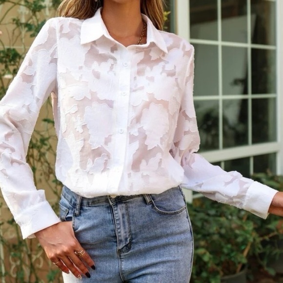New white floral oblique button down top - Picture 7 of 7